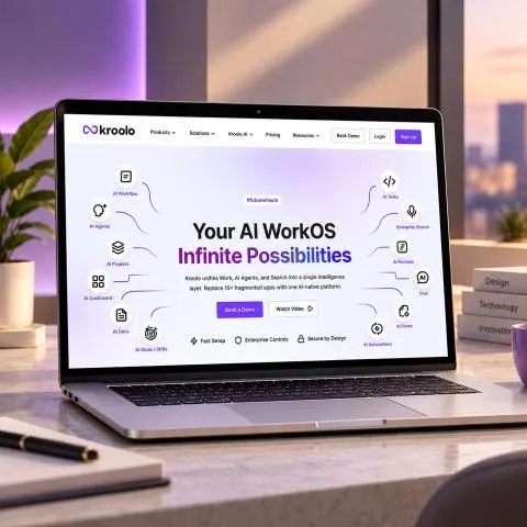 Kroolo AI WorkOS homepage on a laptop, built by Lalit Jakhar with Next.js and Tailwind CSS